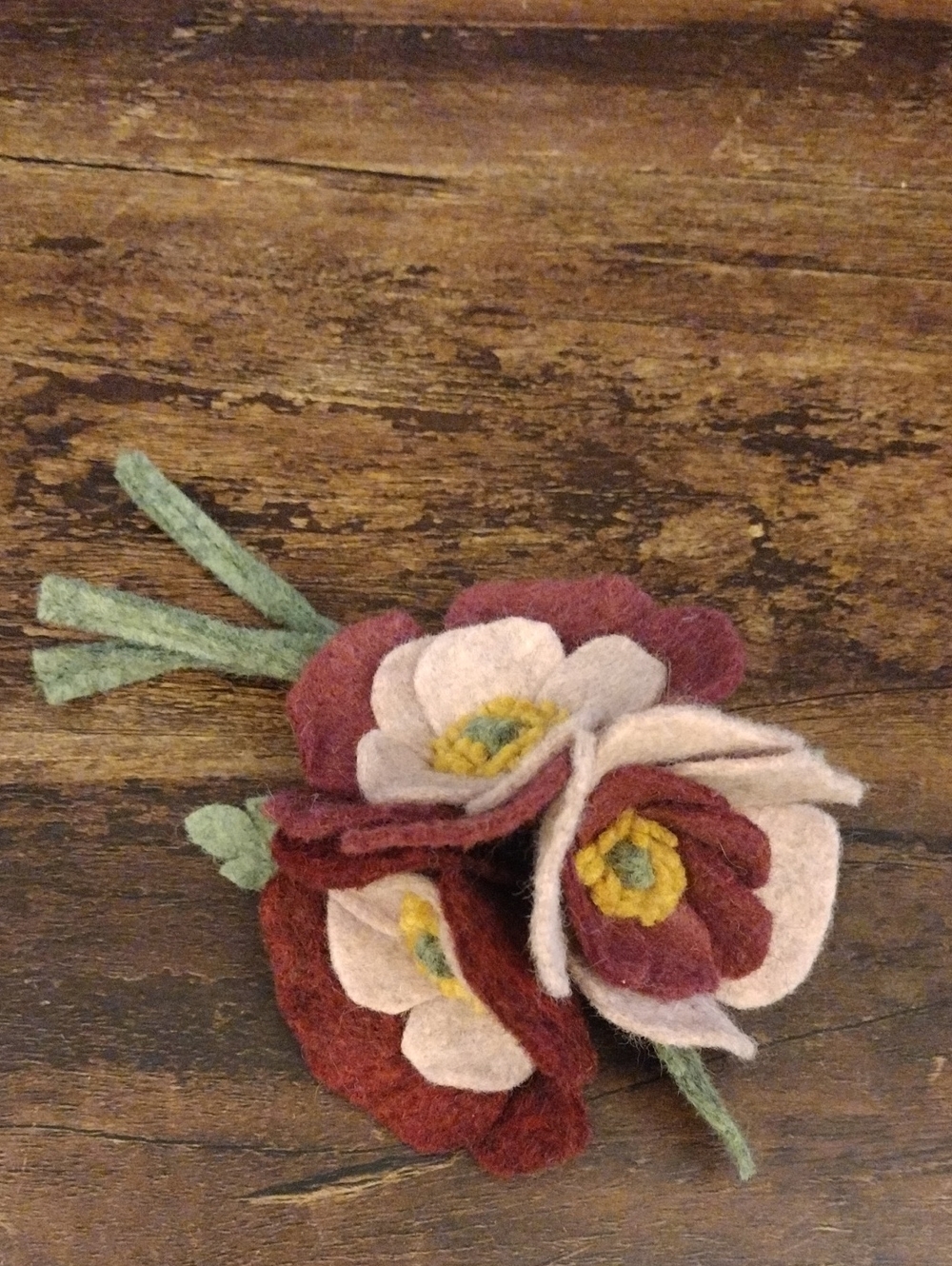 Handmade Felt Flower Brooch in Burgundy, Cream & Green